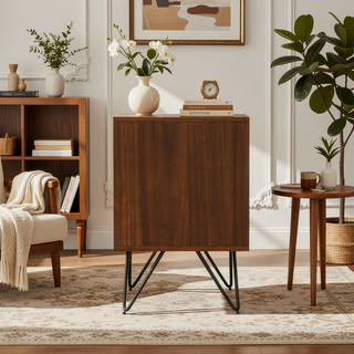 Sunvega Modern Industrial Walnut Veneer Nightstand with Drawer and Open Shelf