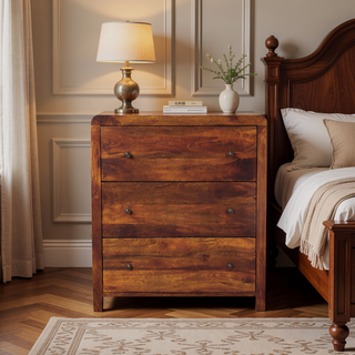 Sunvega Solid Mango Wood Chest with 3 Drawers and Sleek Chestnut Finish