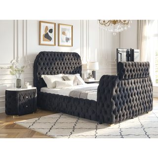 Sunvega Oval Faux Marble Top Nightstand with Two Drawers and Button Tufted Black Fabric