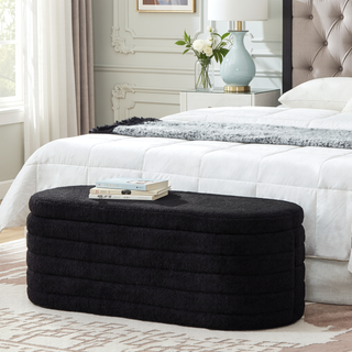 Sunvega Modern Oval Upholstered Boucle Teddy Fabric Storage Ottoman Bench with Safety Hinge