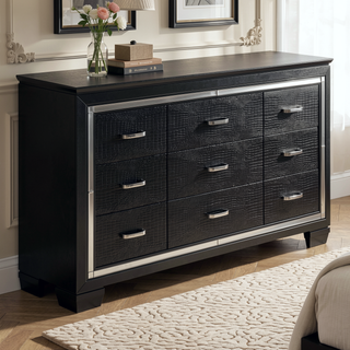 Sunvega Silver Faux Alligator Embossed Nightstand with 2 Dovetail Drawers and LED Lighting