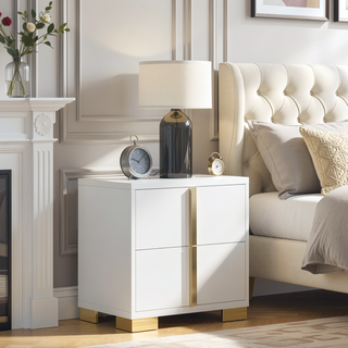 Sunvega Art Deco Nightstand with Two Drawers and Gold Metal Hardware for Bedroom
