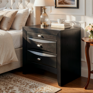 Sunvega Lucille Black Nightstand with Spacious Drawers and Chambered Fronts