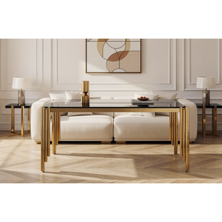 Sunvega Modern Dining Table with Tempered Glass Top and Golden Metal Frame