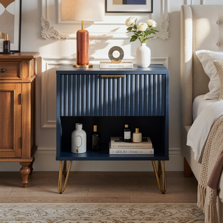 Sunvega Modern Glam Nightstand with Gold Metal Legs and Textured Drawer