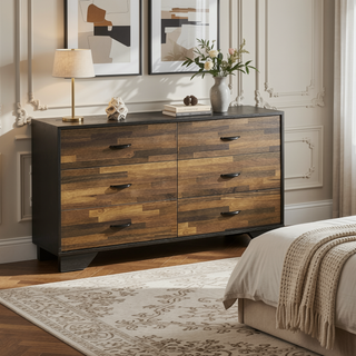 Sunvega Walnut and Black 6-Drawer Dresser with Spacious Storage and Contemporary Design