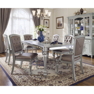 Sunvega Silver Finish Rectangular Dining Table with Mirror Trim and Draw Leaf