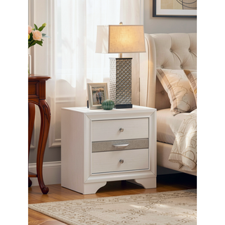 Sunvega White Laminate Wood Grain Nightstand with Silver Trim and Drawer