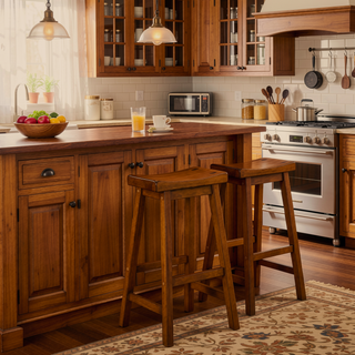 Sunvega Oak Brown Wooden 29" Counter Height Stool with Saddle Seat