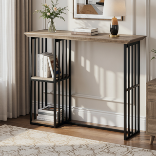 Sunvega Oak and Sandy Black 2-Shelf Counter Height Table with Slatted Metal Base
