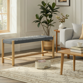 Sunvega Acacia Wood Woven Rope Cording Bench for Outdoor and Indoor