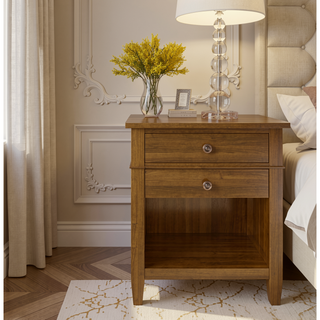 Sunvega Light Golden Brown Solid Wood Bedside Table with Two Spacious Drawers