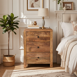 Sunvega Solid Mango Wood Naya Nightstand with 3 Spacious Drawers and Brass Knobs