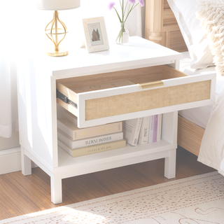Sunvega White Coastal Nightstand with Cane Drawer and Gold Pull