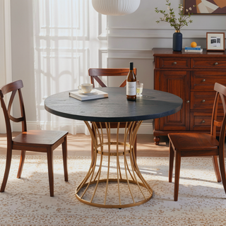 Sunvega 42 Inch Round Dining Table with Oak Veneer Top and Iron Base for Small Spaces