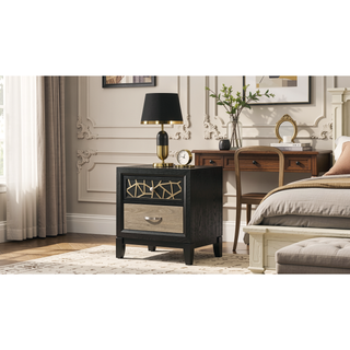 Sunvega Modern Nightstand with Two Drawers and Unique Wood Pattern in Black