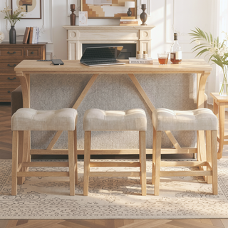 Sunvega 59 Inch Bar Table Set with Power Outlet and 3 Upholstered Stools for Living Room
