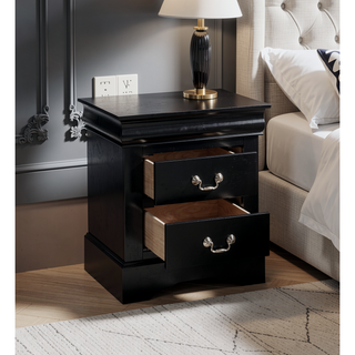 Sunvega Sleek Black Nightstand with Two Spacious Drawers and Nickel Handles