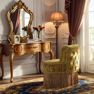Sunvega Gold Vanity Stool with Opulent Rococo Style and Button Tufted Back