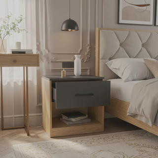 Sunvega Modern Natural Oak and Matt Gray Nightstand with Door and Shelf