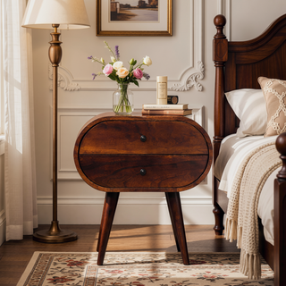 Sunvega Solid Mango Wood Chestnut Round Bedside Table with 2 Drawers and Nordic Legs