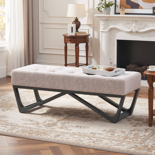 Sunvega Modern Ottoman Bench with Button-Tufted Waffle Stitch and Geometric Legs