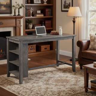Sunvega Antique White and Rosy Brown Wooden Counter Height Table with Built-in Shelves