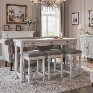 Sunvega Coastal Style Oyster Shell Gray Sofa Table With Three Stools