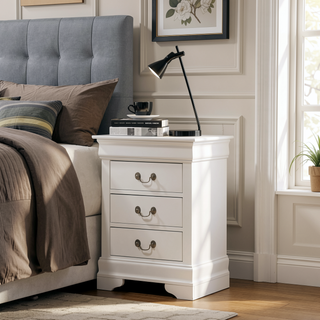 Sunvega Bright White Traditional Nightstand with Three Drawers for Bedroom