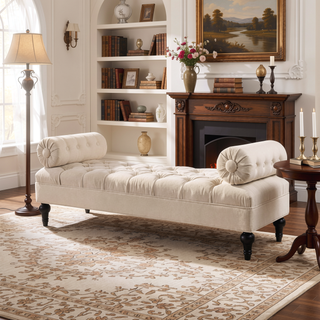 Sunvega Lewis Bolster Arm Entryway Bench Upholstered in Sky Neutral Beige Polyester