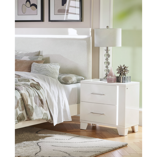 Sunvega White High Gloss Finish Modern Nightstand with LED Light and Dovetail Drawers
