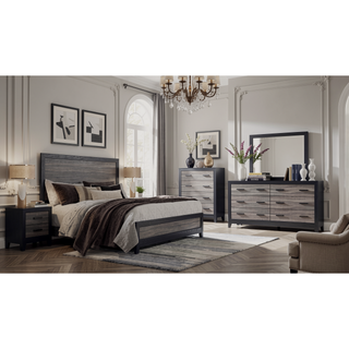 Sunvega Two-Tone Dark Gray and Black Queen Size Bed with Wood Inlay