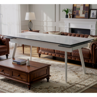 Sunvega Extendable White Sintered Stone Dining Table with Stainless Steel Legs for Modern Minimalist Homes