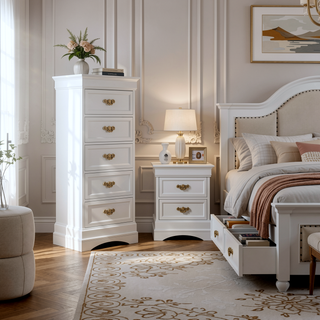 Sunvega Fully Assembled Pearl White Nightstand with Gold Handles and Faux Crystal