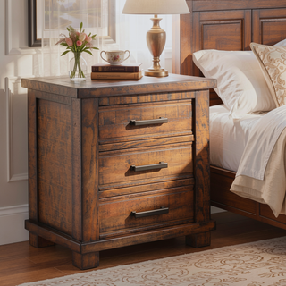 Sunvega Reclaimed Pine Wood Nightstand with Three Drawers and Antiqued Zinc Pulls