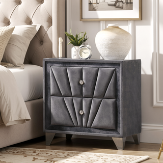 Sunvega Transitional Gray Upholstered Nightstand with Glass Top and Crystal Knobs