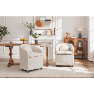 Sunvega Chenille Fabric Dining Arm Chair with Upholstered Back Cushion and Universal Wheels