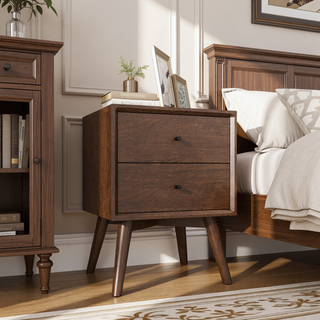 Sunvega Mid-Century Modern Caroline Night Stand 2-Drawer in Dark Brown Solid Wood