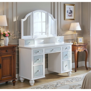 Sunvega White Finish Transitional Vanity Set with Stool and 3-Sided Mirror Storage