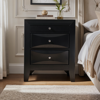 Sunvega Elegant Black Nightstand With Three Drawers for Bedroom Storage