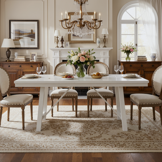 Sunvega White Finish Farmhouse Aesthetic Dining Table Seating for 6