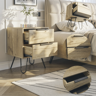 Sunvega Light Oak Finish Two-Drawer Rectangle Nightstand with Steel Legs