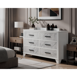Sunvega White Rubberwood Nightstand with Faux Marble Inset and Black Bar Pulls