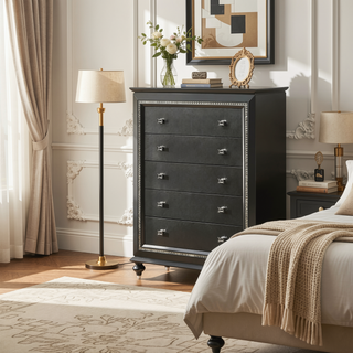 Sunvega Kaitlyn Metallic Gray Finish Wood Nightstand with Two Drawers and Crystal Trim