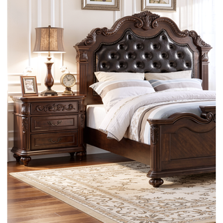 Sunvega Antique Walnut Nightstand with 2 Drawers and Unique Carving Design