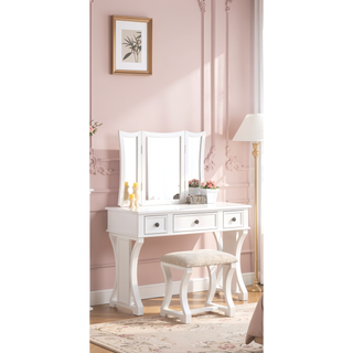 Sunvega Black Modern Bedroom Vanity Set with Stool Foldable Mirror and Drawers