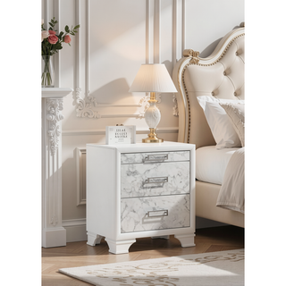 Sunvega Modern White Nightstand with Marble Accent Drawers and Silver Handles