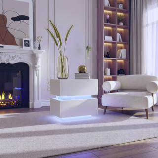 Sunvega White High Glossy Modern Nightstand with 2 Drawers and RGB LED Light