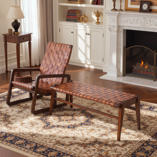 Sunvega Genuine Leather Upholstered Bench with Solid Wood Frame and Tapered Legs