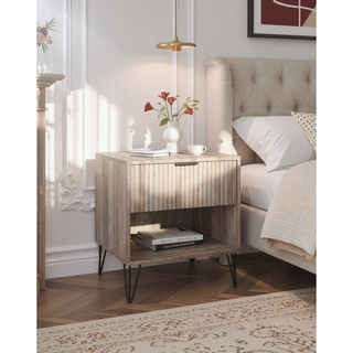 Sunvega Modern Glam Nightstand with Gold Metal Legs and Textured Drawer